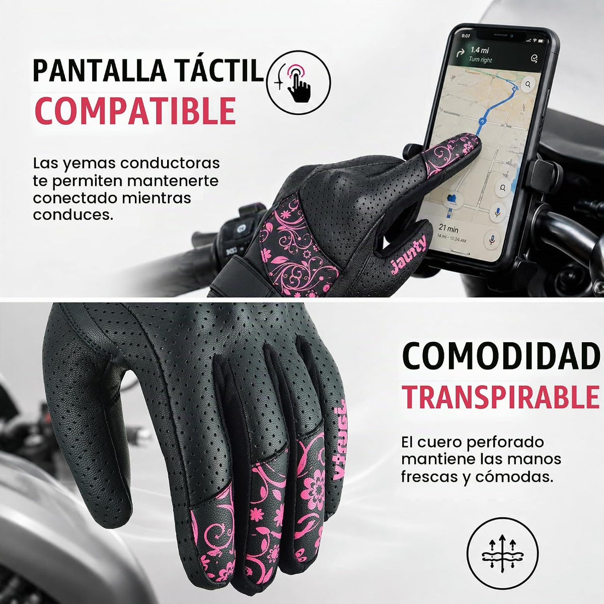 JAUNTY - Guantes de motocicleta para mujer, de cuero, con pantalla...