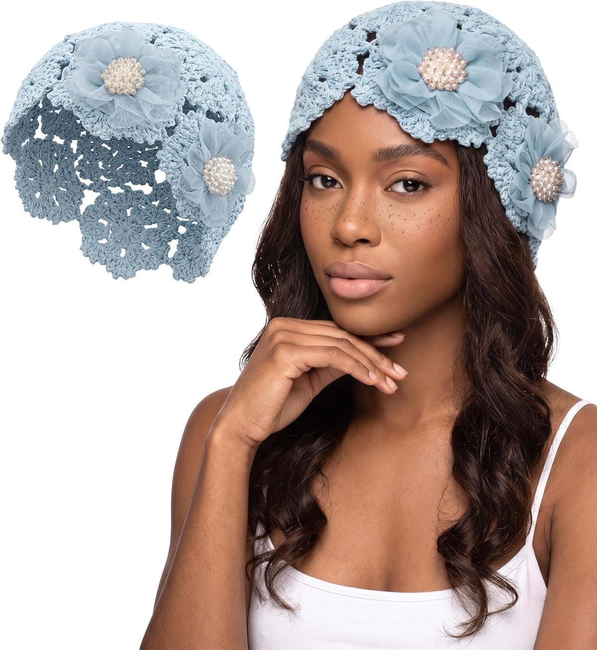 Gorro de ganchillo hecho a mano con calavera de encaje para mujer