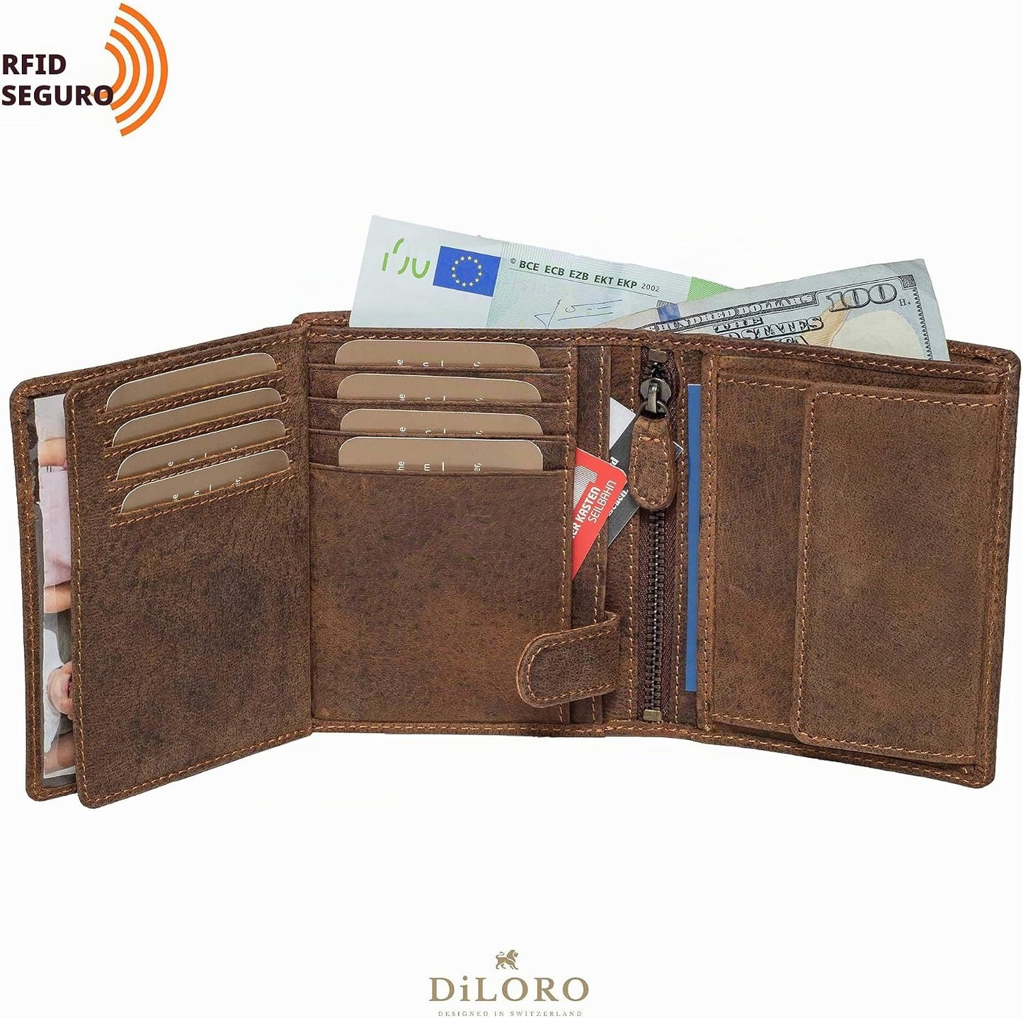DiLoro Cartera plegable de cuero genuino de grano completo para hom...