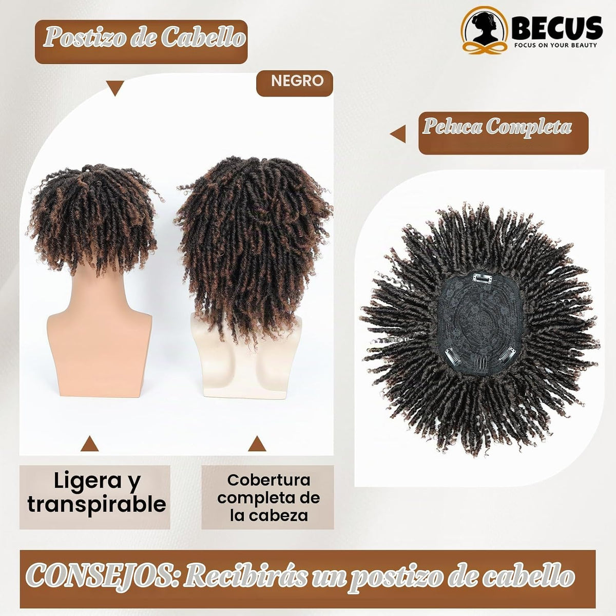 BECUS - Cubrepelo de rastas para hombre, postizo marrón para disfra...