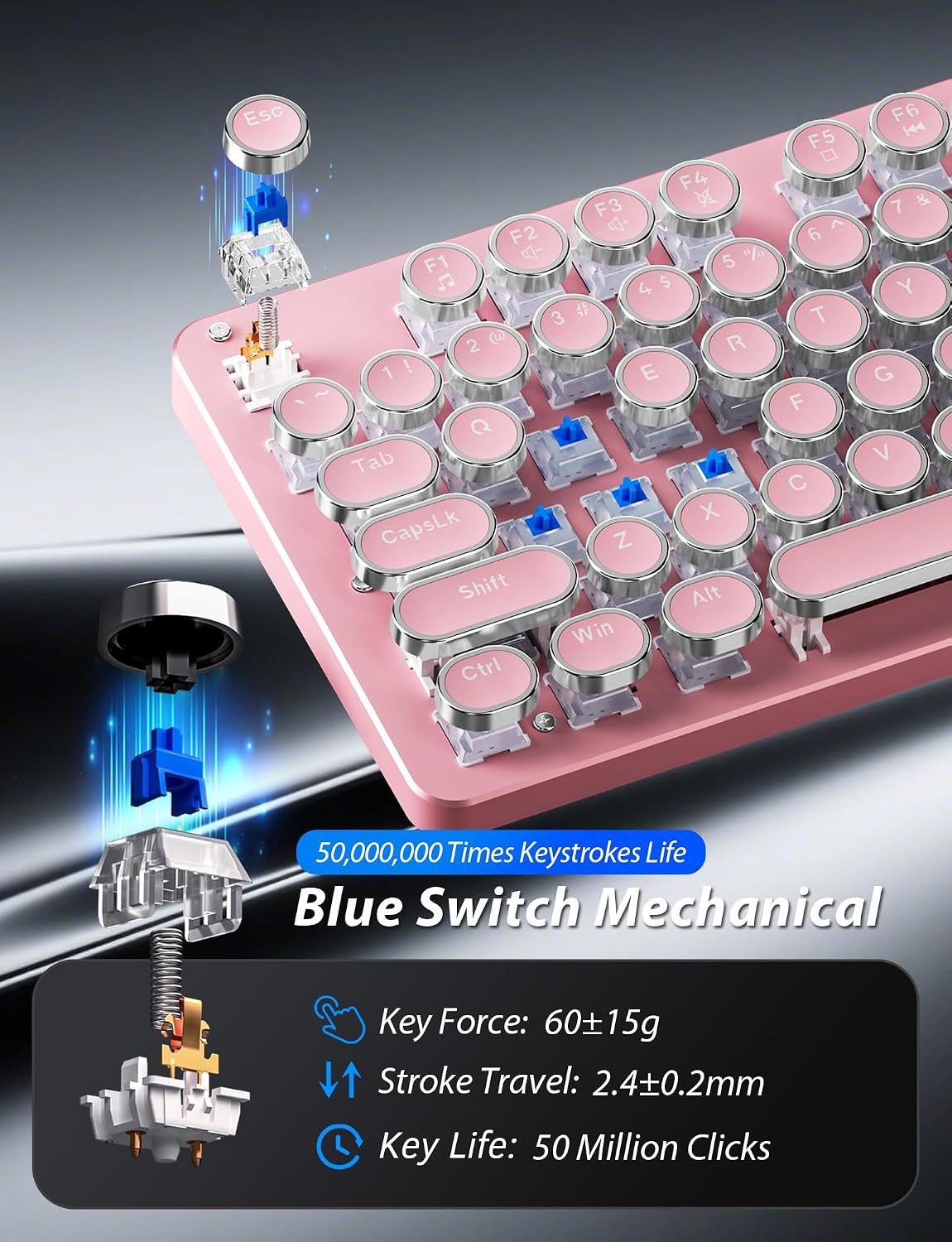 Bevewlpol Combo de teclado mecánico y mouse rosa para juegos, tecla...