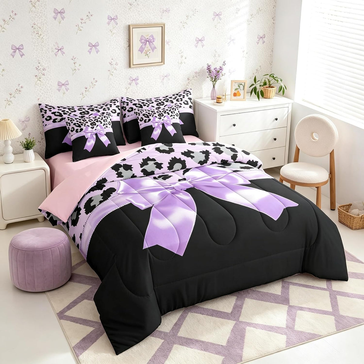 Feelyou Juego de ropa de cama de 7 piezas con lazo de seda morada t...