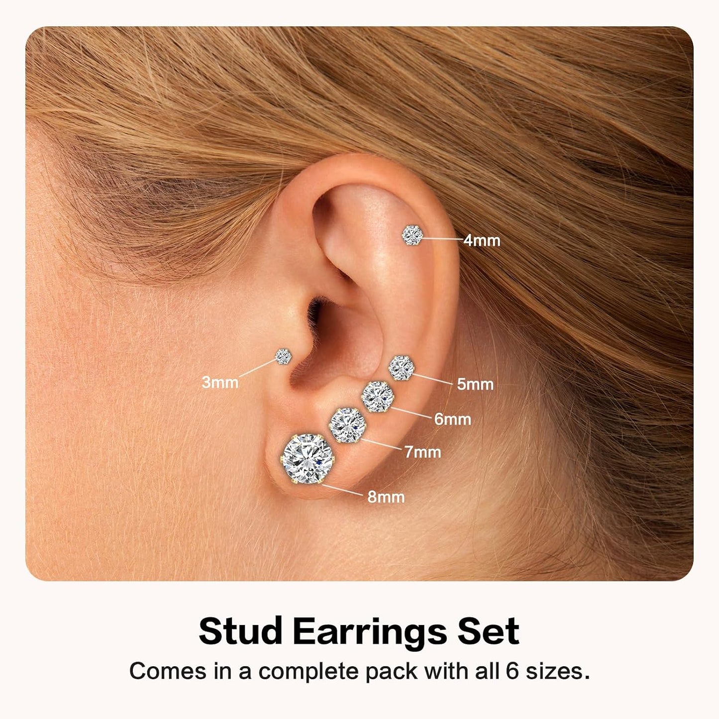 6 pares de aretes tipo dormilona para mujer, juego de 3-8 mm de are...
