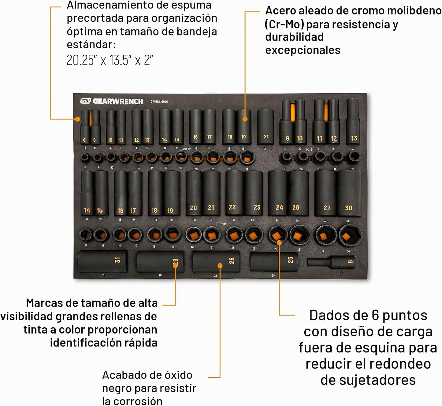 GEARWRENCH 68 piezas 3\/8" y 1\/2" Drive 6 puntos métrico e...