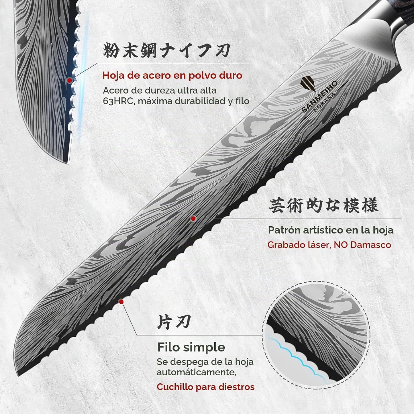 SANMEIHO Cuchillo de pan de 10 pulgadas en acero en polvo, cuchillo...