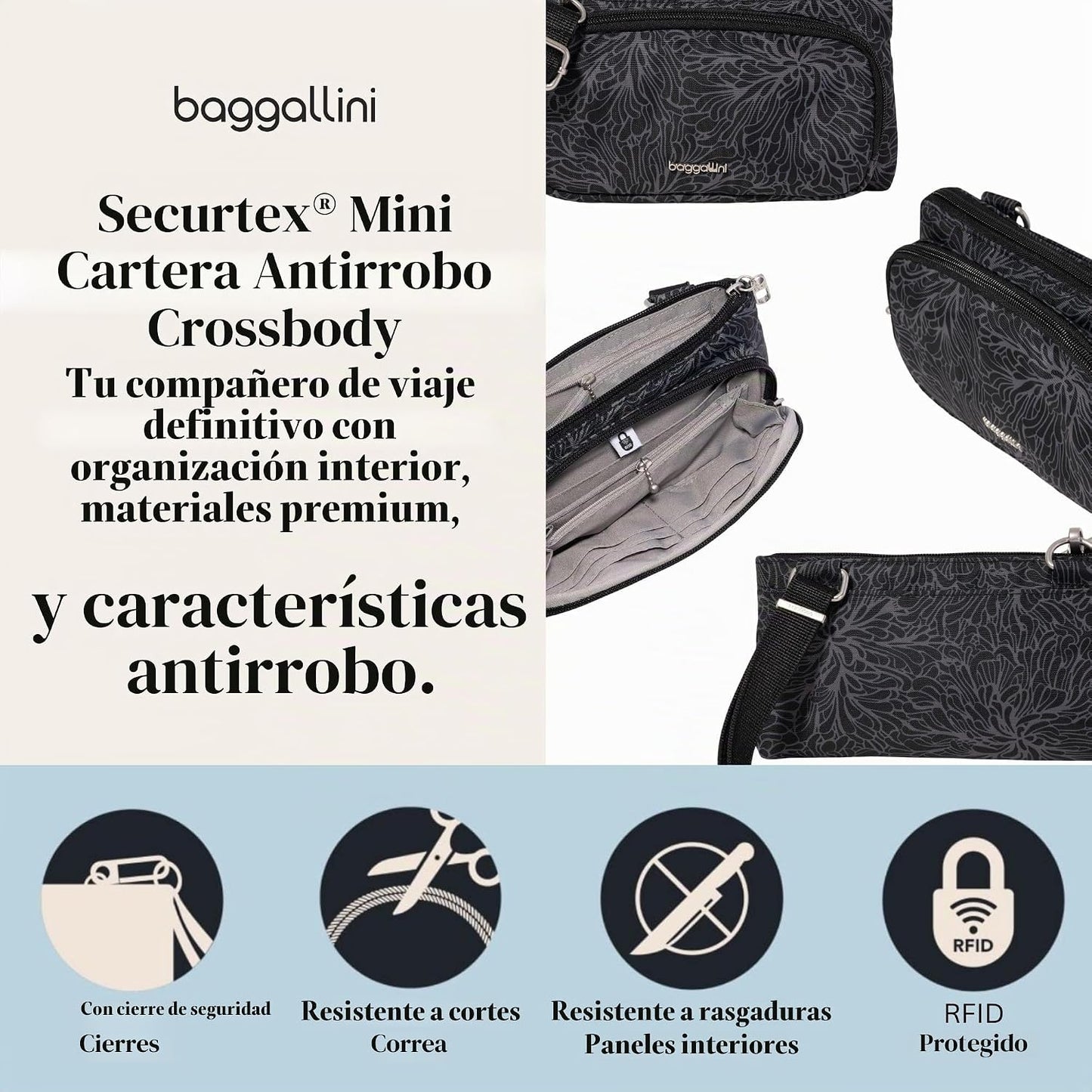 Securtex - Mini cartera cruzada antirrobo, ligera, 8.4 x 4.5 pulgad...