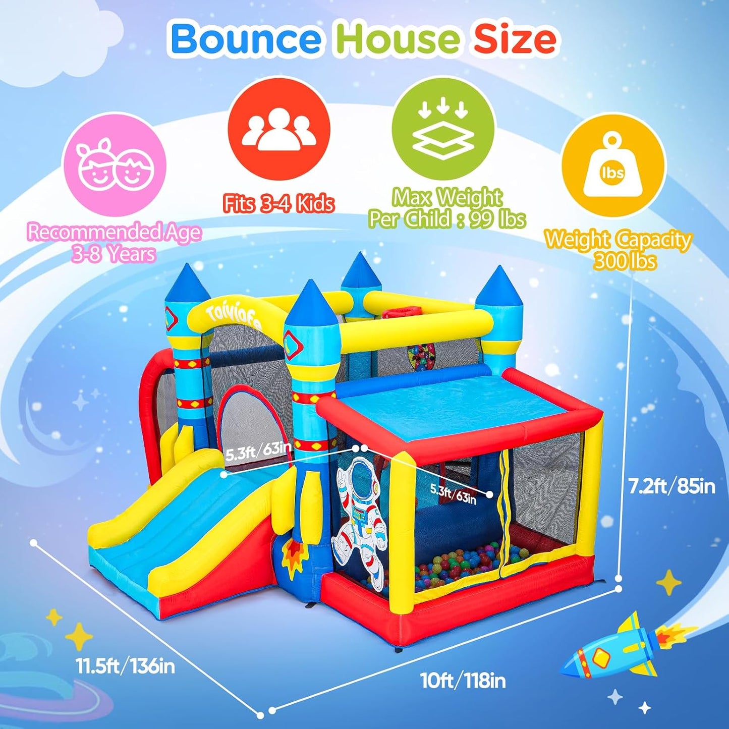 Casa inflable de rebote para niños con soplador, tema espacial de 1...