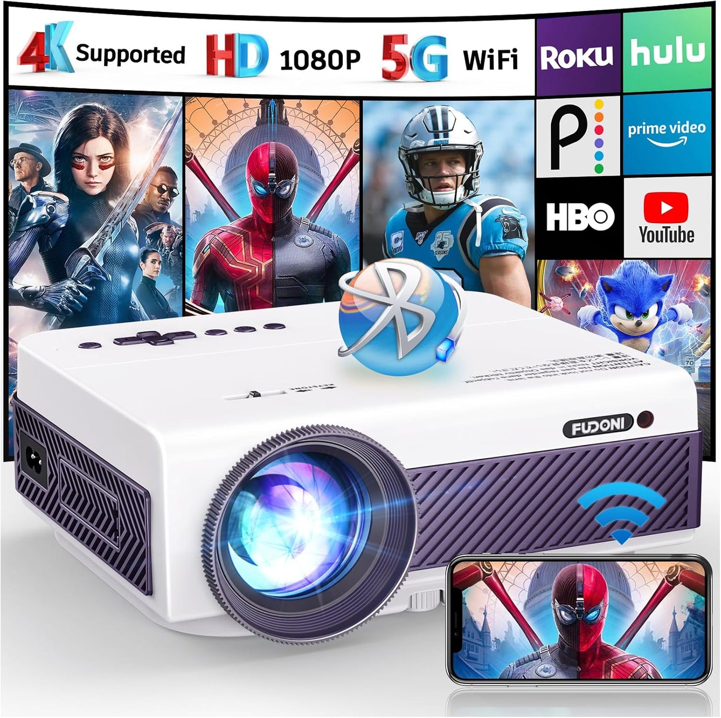 FUDONI Proyector Bluetooth WiFi Native 1080P, proyector de película...