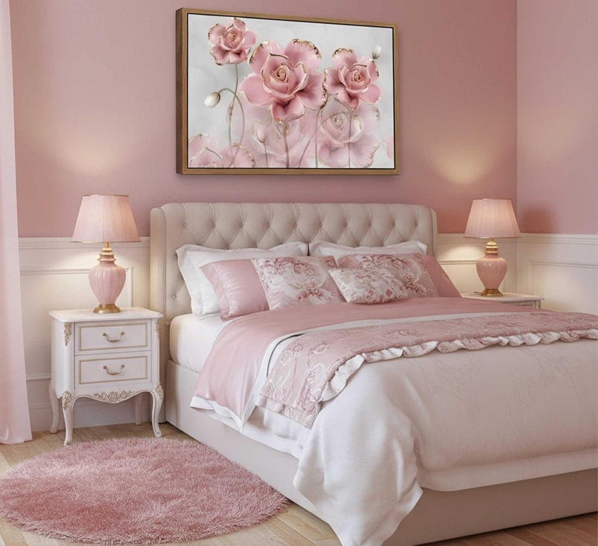 Lienzo enmarcado moderno y delicado de rosas de oro rosa, arte de p...