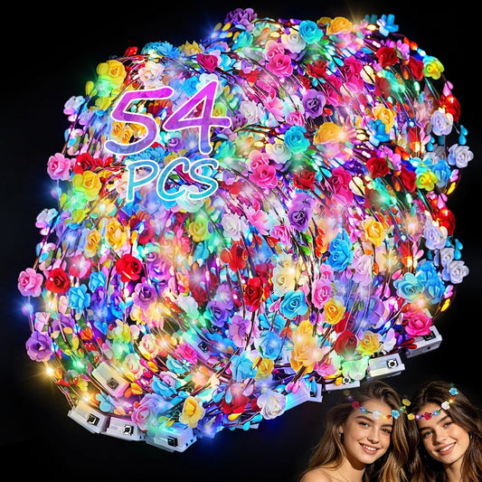 54 diademas LED con corona de flores, suministros de fiesta que bri...