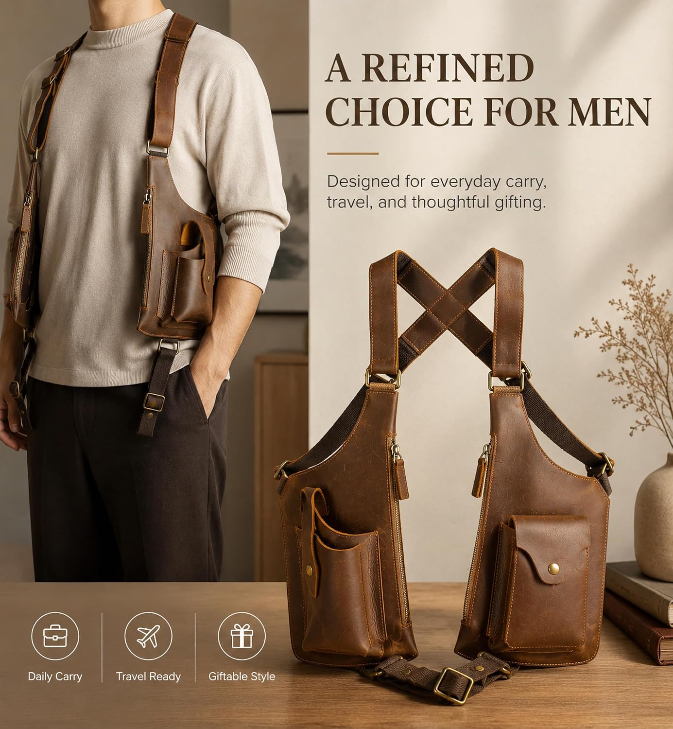IBYADO Bolso de hombro con axila de cuero genuino para hombres y mu...