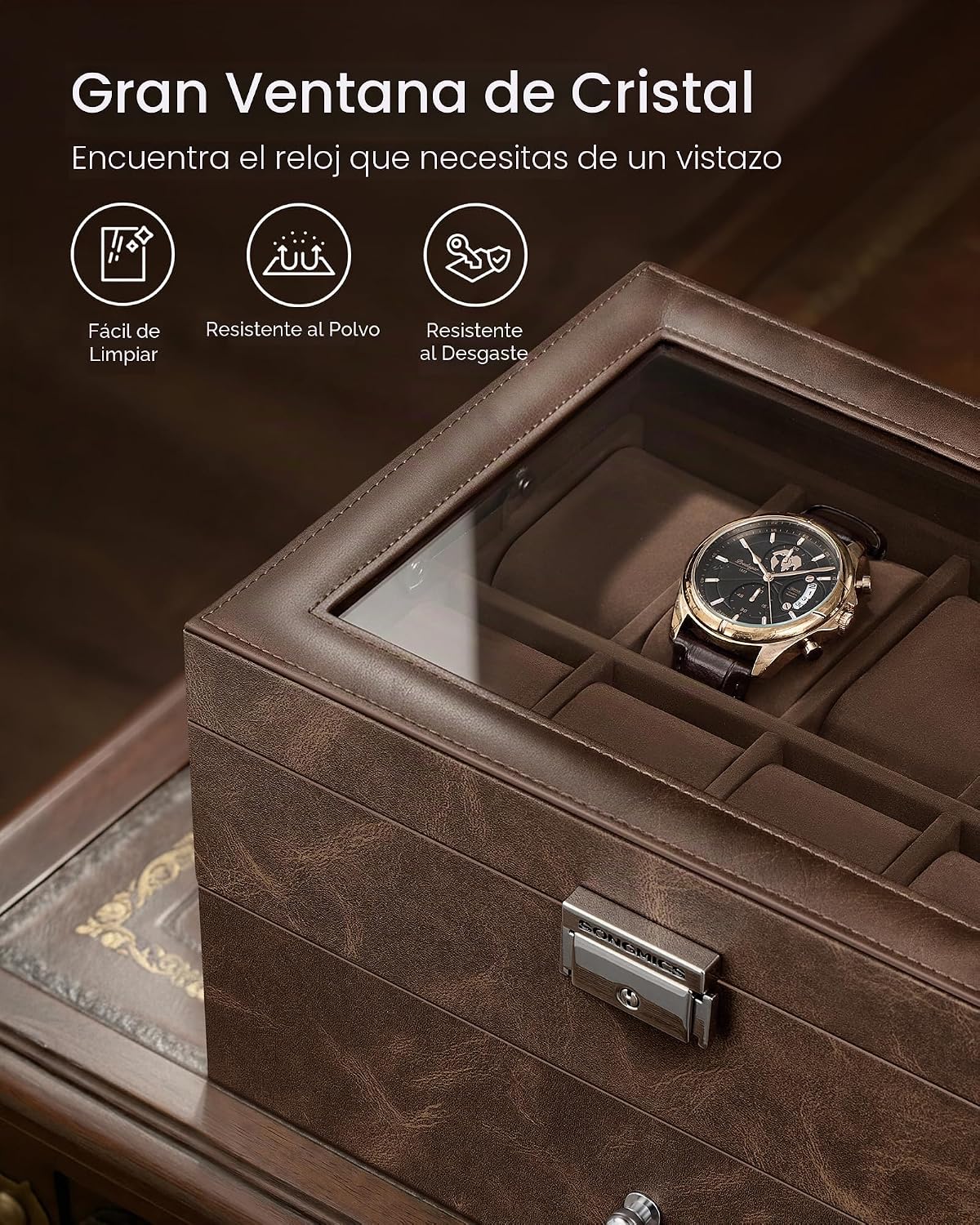 SONGMICS Caja de reloj de 20 ranuras, 2 capas, tapa de cristal, con...