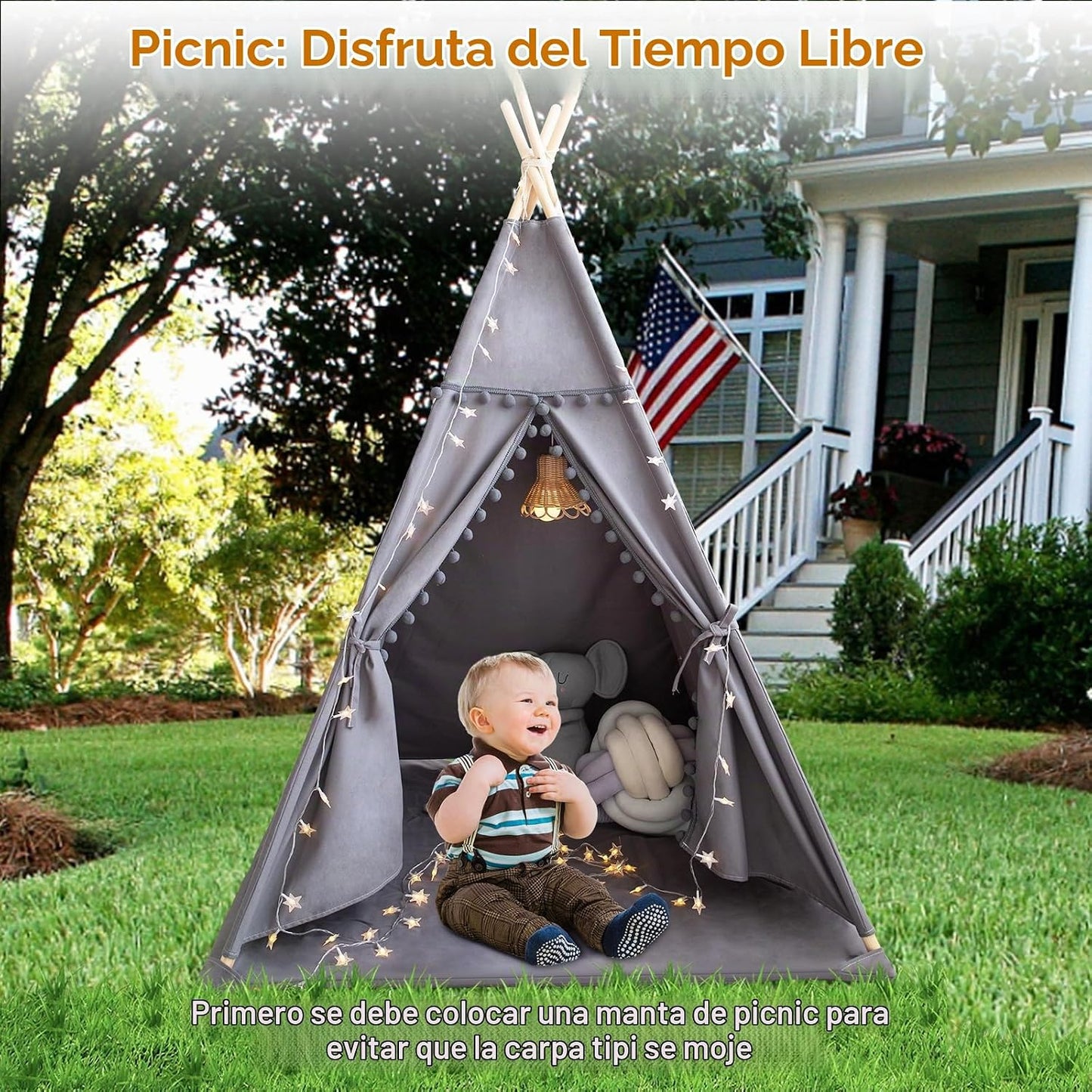 RONGFA Tienda de campaña tipi para niños con alfombra, luces de est...