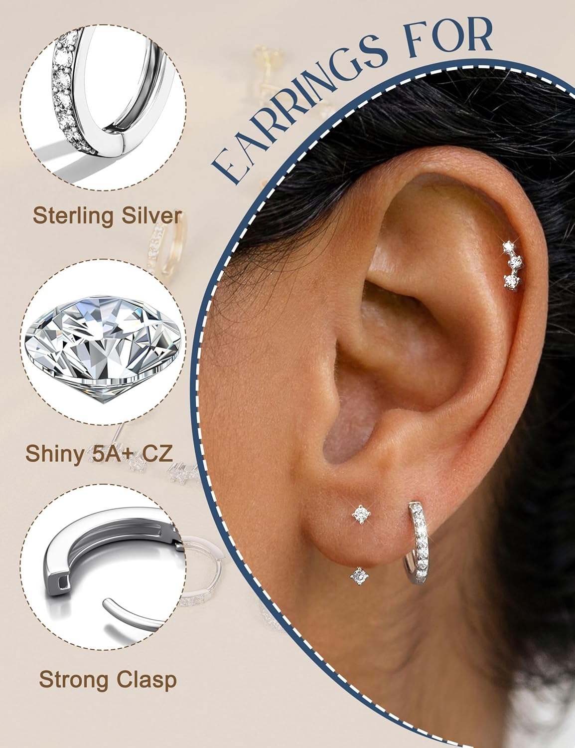 FIASASO 3 Pares de Aretes de Plata de Ley 925 Hipoalergénicos para...