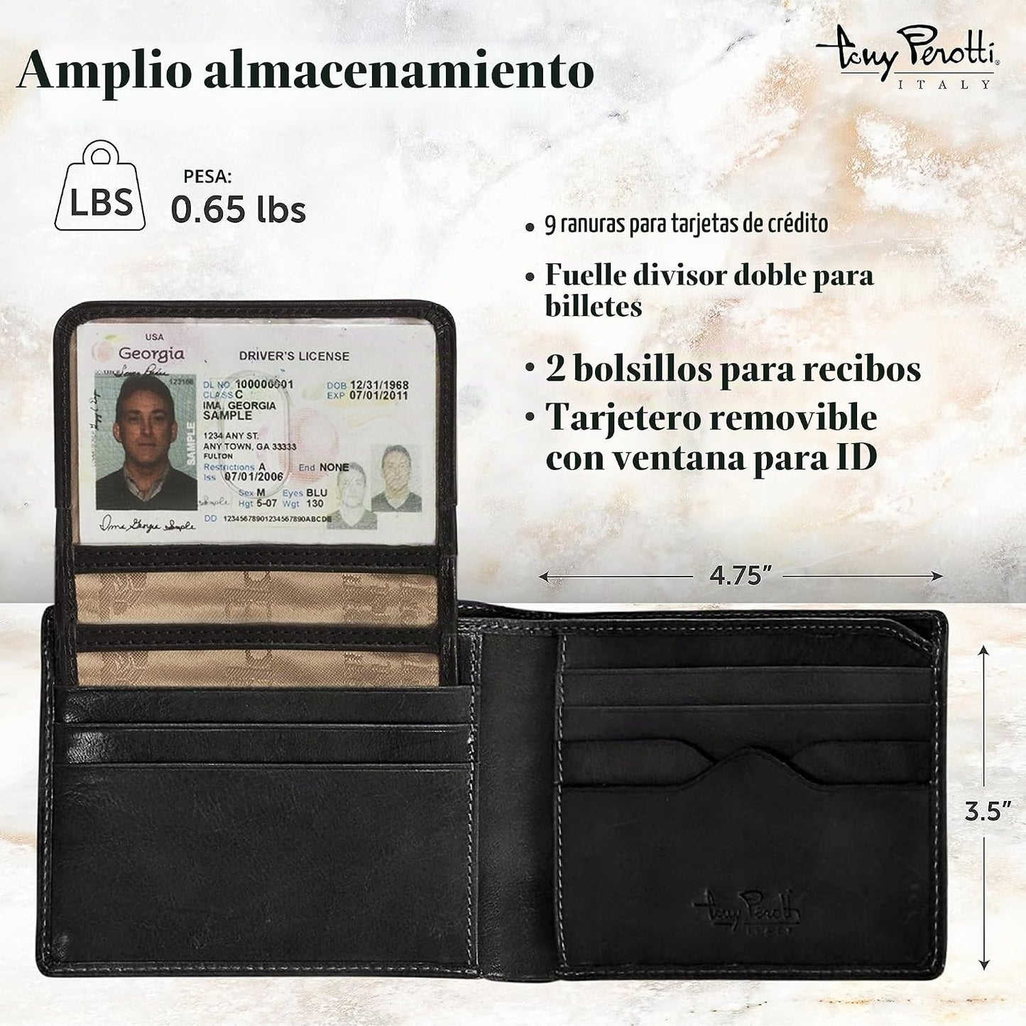 Tony Perotti Cartera de cuero italiano para hombre, delgada, plegab...