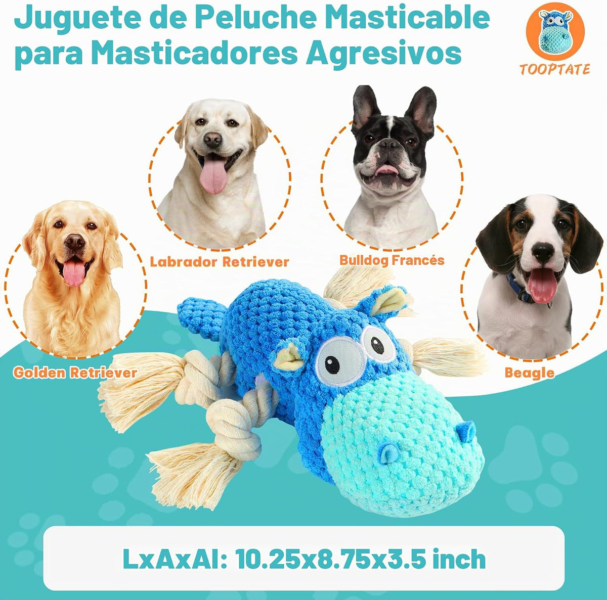 TOOPTATE Hippo Squeaky - Juguete para perro, azul, mediano | Bonito...