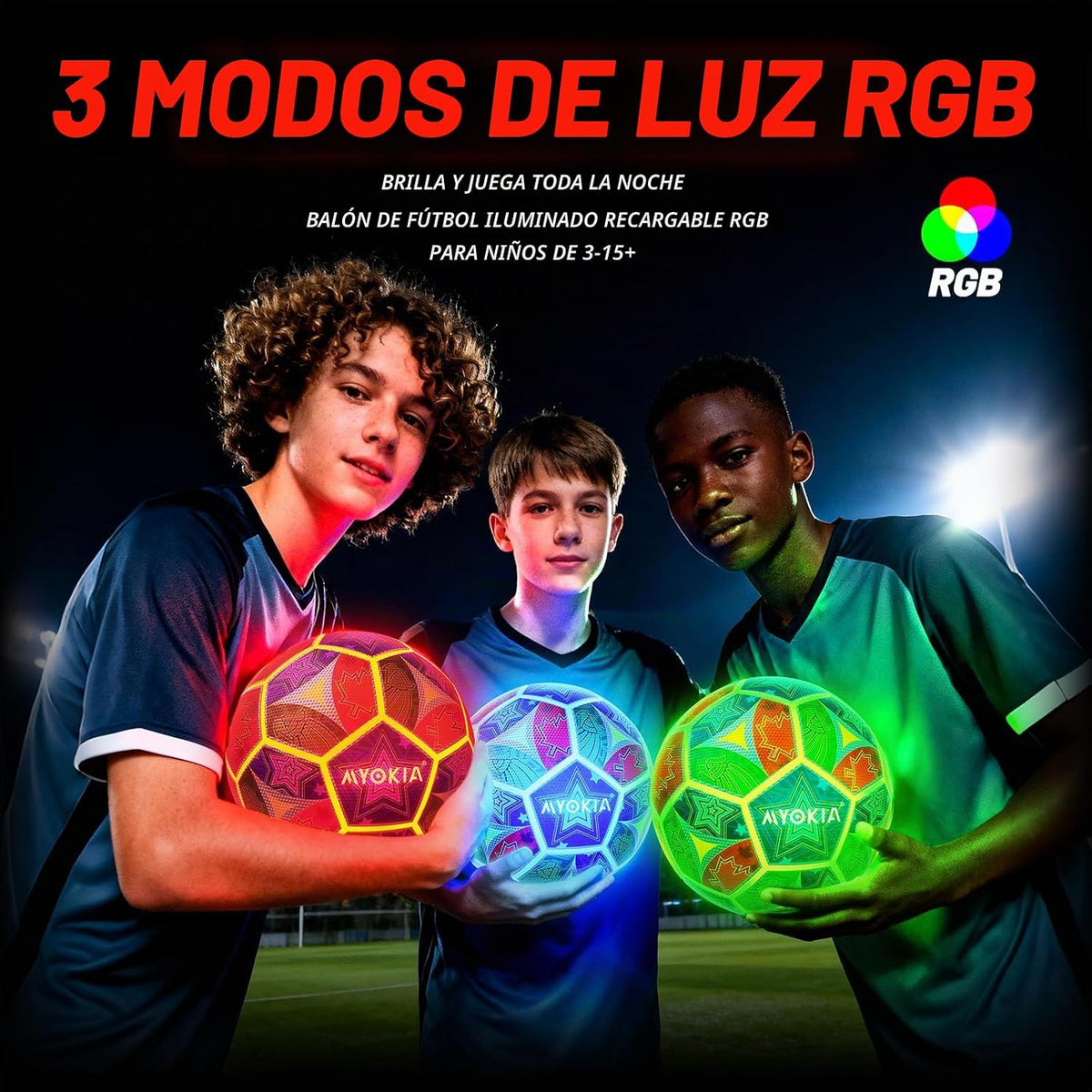 MYOKIA - Balón de fútbol recargable con luz, tamaño 5, tricolor que...