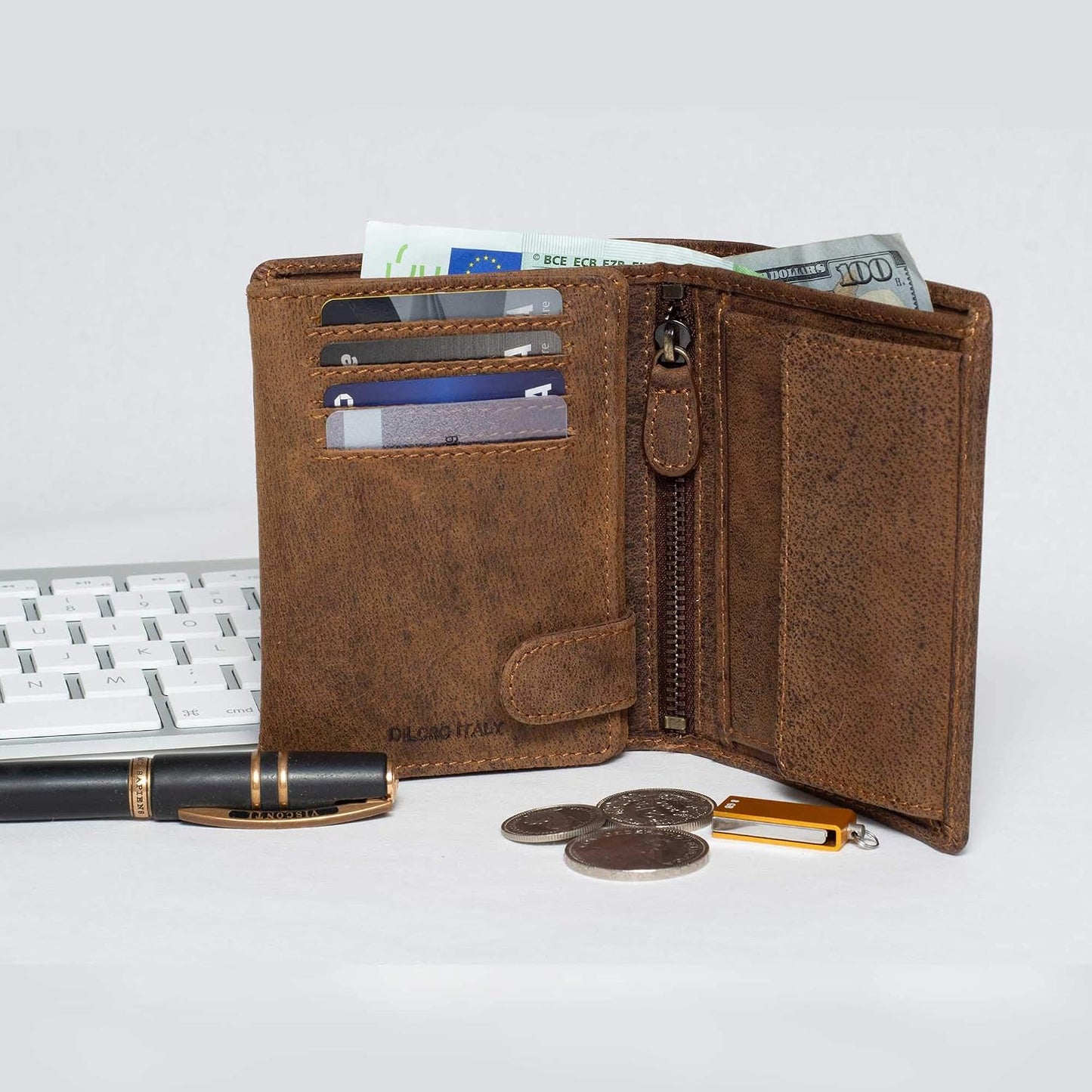 DiLoro Cartera plegable de cuero genuino de grano completo para hom...