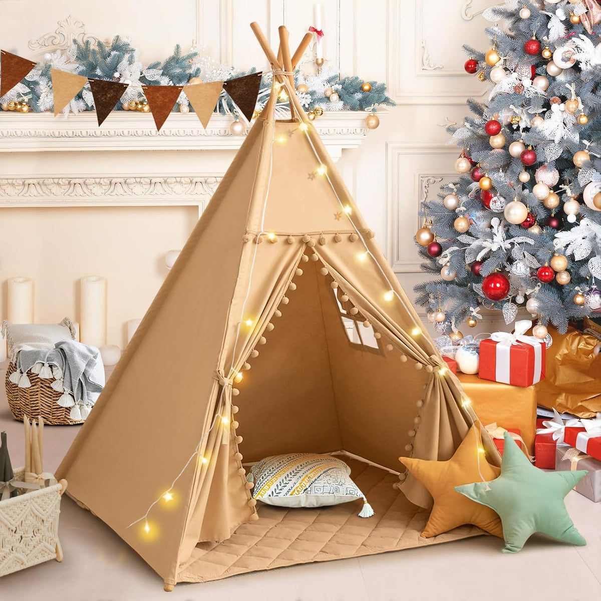 WIRHAO Tienda de campaña tipi para niños con alfombra, lona de algo...