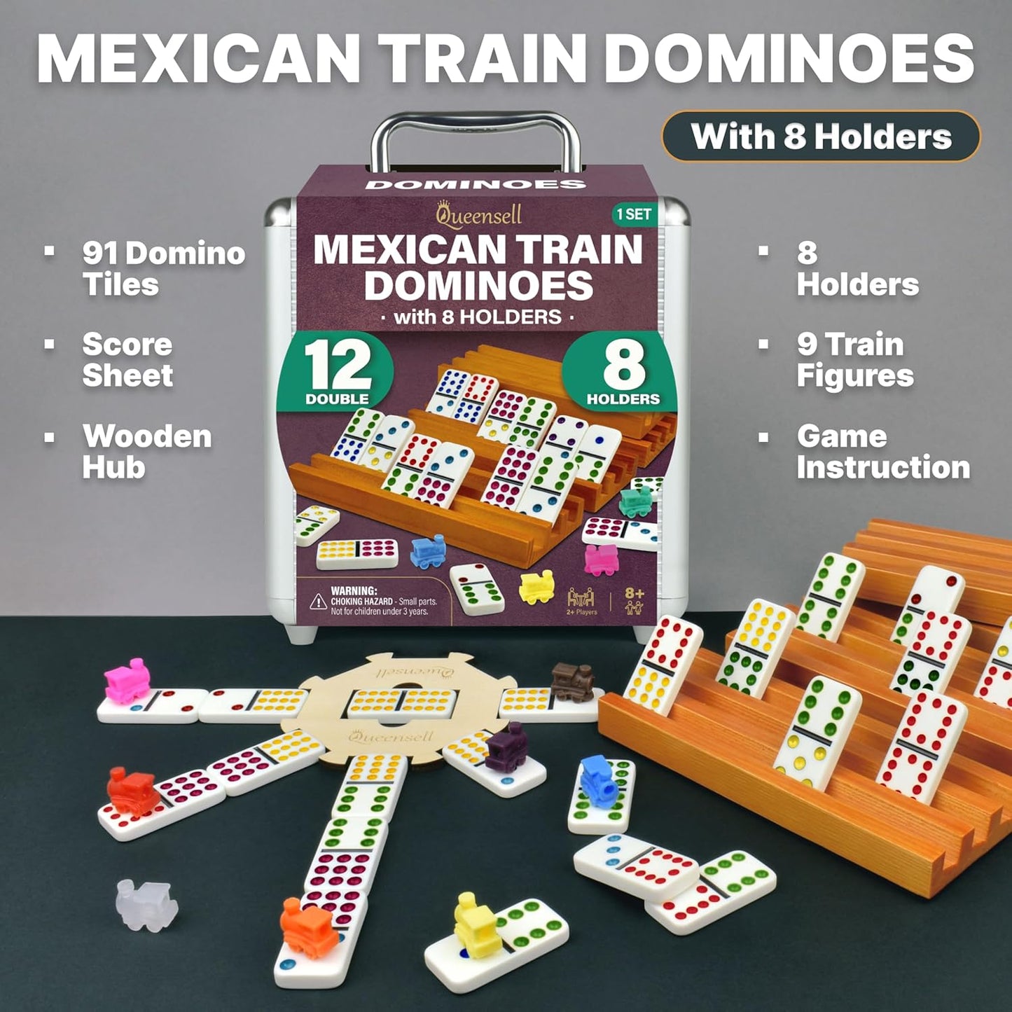 Queensell Juego de dominó de tren mexicano con 8 soportes, cubo de...