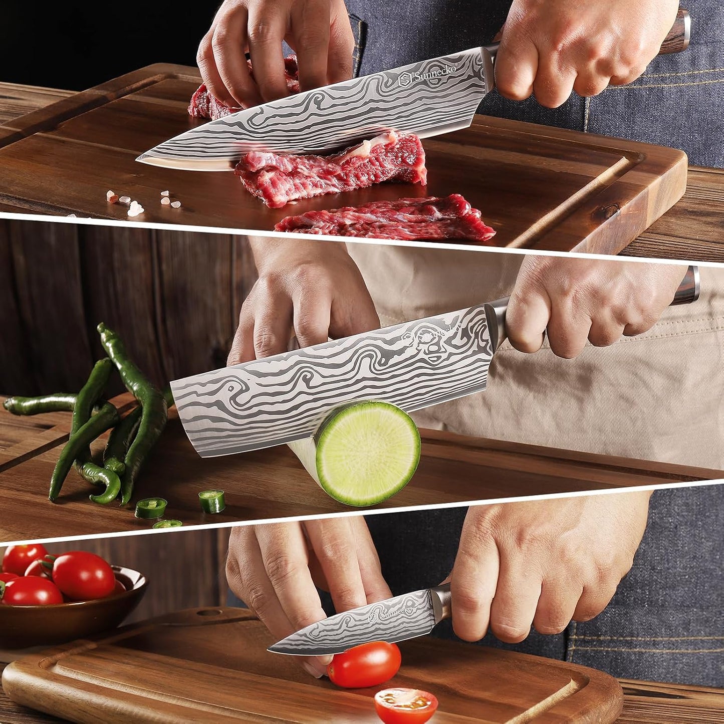 Sunnecko - Juego de cuchillos de cocina de 3 piezas, juego de cuchi...