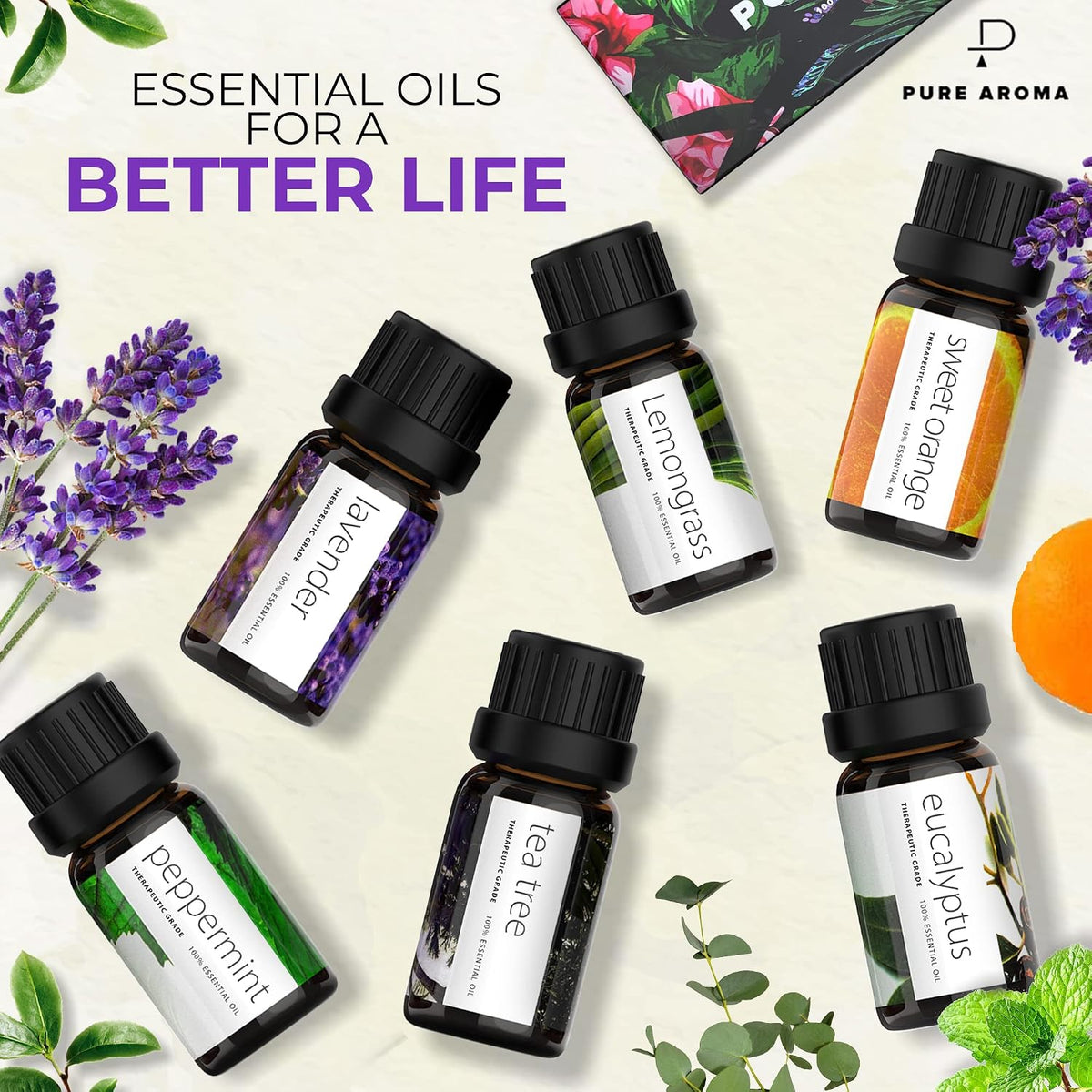 Pure Aroma Juego de aromaterapia de aceites esenciales, 6 aceites d...