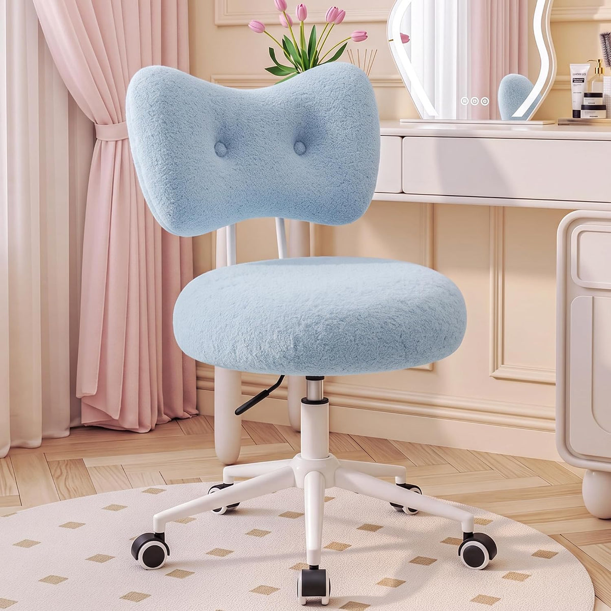 Silla de tocador pequeña con ruedas, cómoda silla de escritorio con...