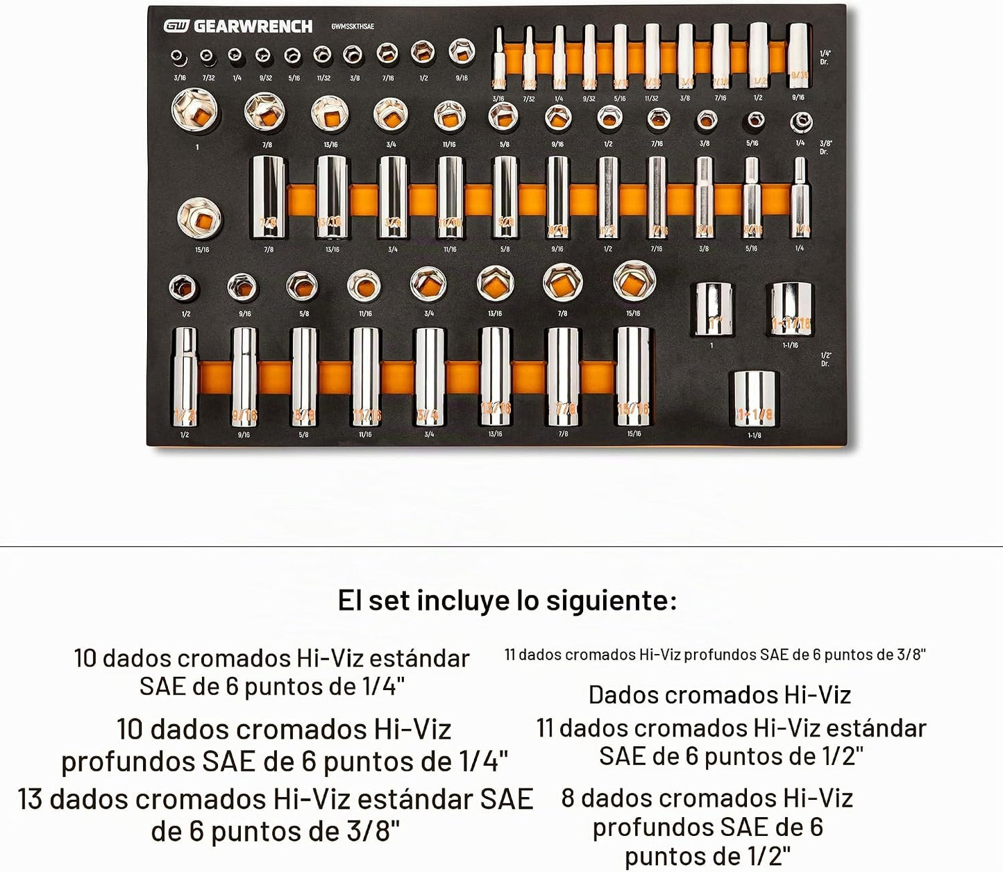 GEARWRENCH Juego de llaves SAE Hi-Viz de 63 piezas en bandeja de es...