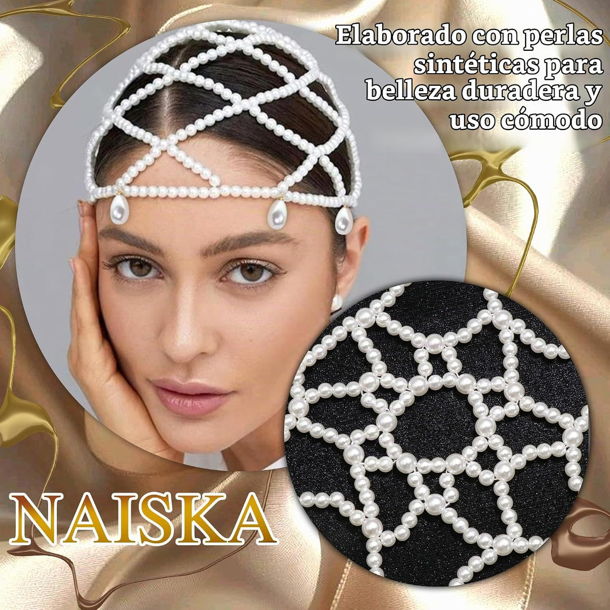 NAISKA Cadena de cabeza de perlas de malla de los años 20, tocados...