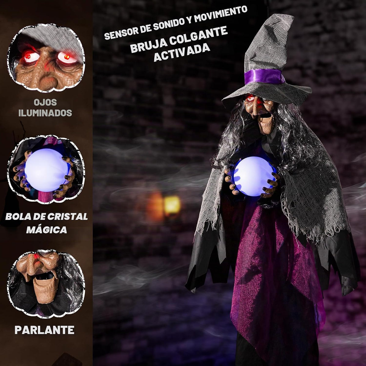 Decoraciones animatrónicas de Halloween, bruja que habla colgante,...