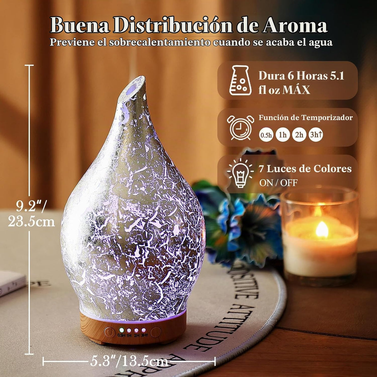 Porseme Difusor de aceite esencial 5.1 fl oz Difusor de cristal hec...