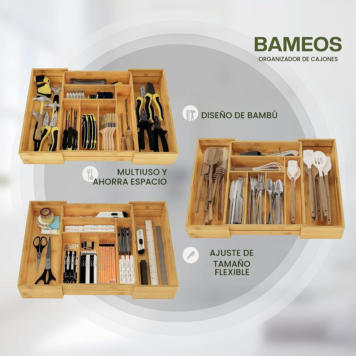 BAMEOS Organizador de cajón de bambú de 3.9 pulgadas de alto, organ...