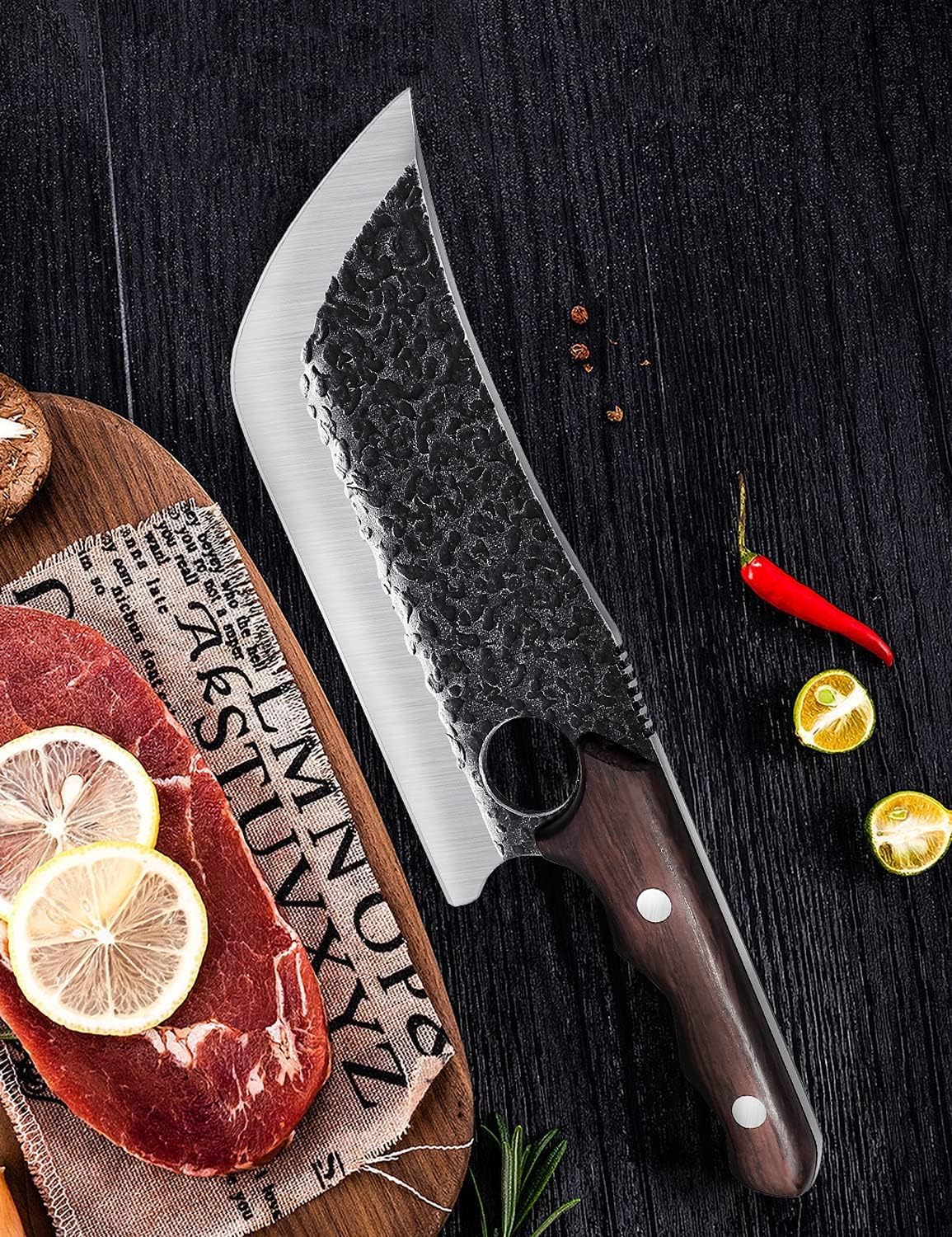 DRGSKL Cuchillo de carnicero forjado a mano con funda de cinturón y...