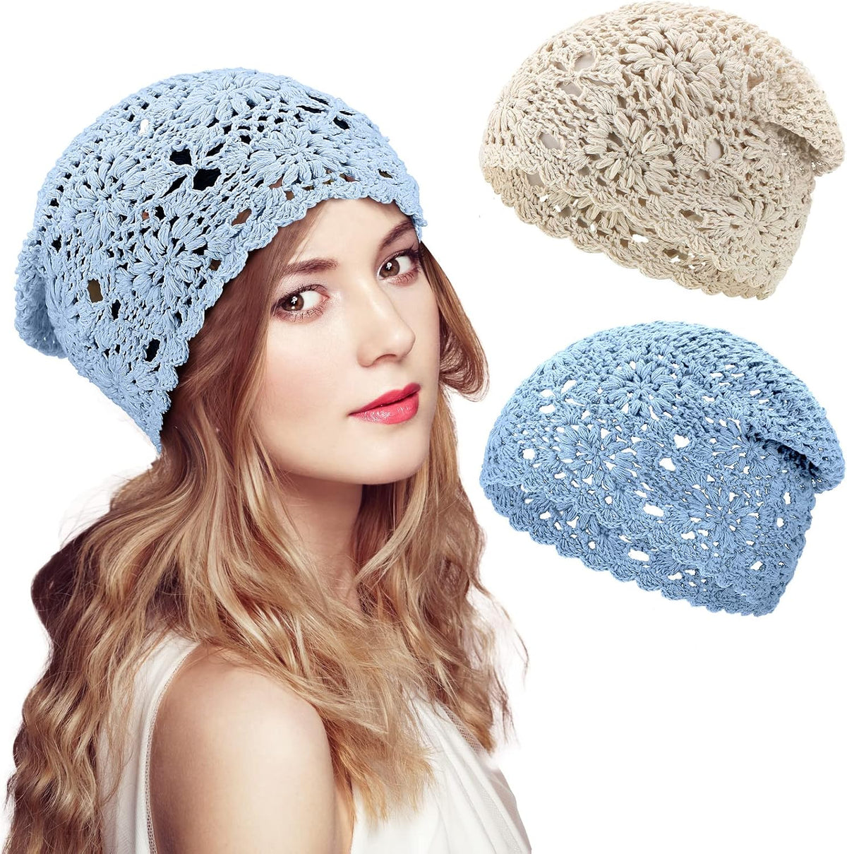 2 piezas de gorro holgado de ganchillo floral hecho a mano con cort...