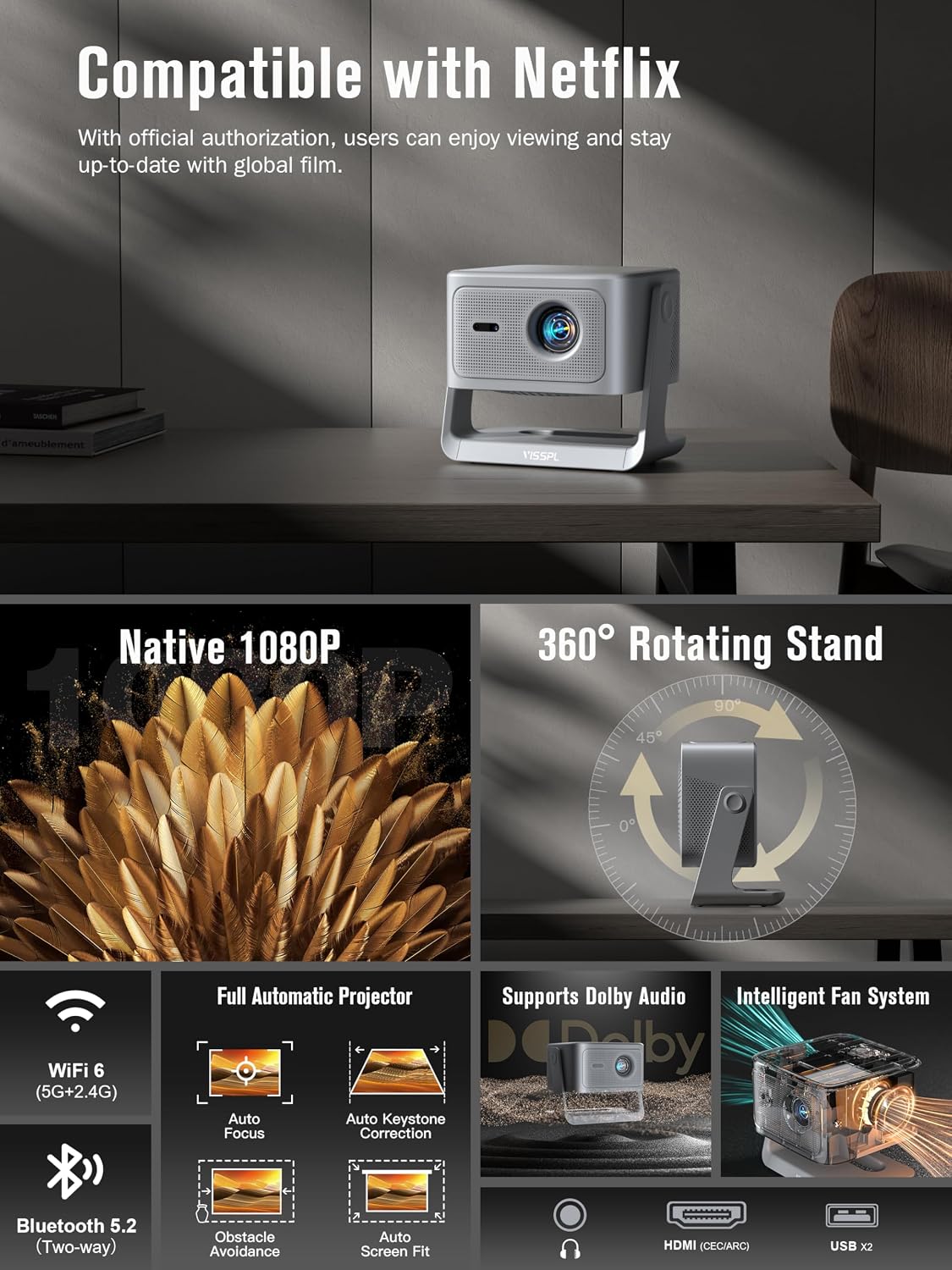 【Ahora con Netflix】Proyector inteligente 4K con WiFi y Bluetooth, V...