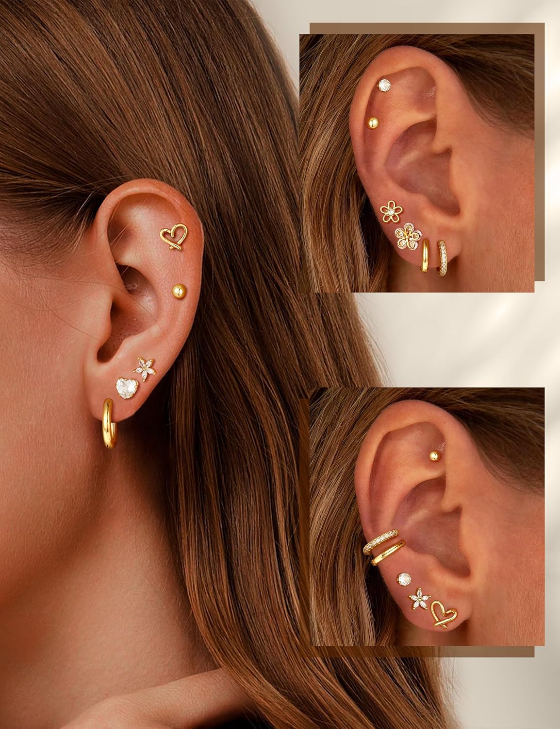 Juego de aretes pequeños de oro para mujer, chapados en oro de 14 q...