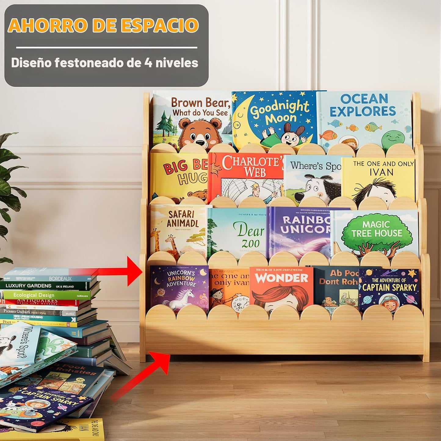 SpaceAid Estantería festoneada de 4 niveles, estantería Montessori...