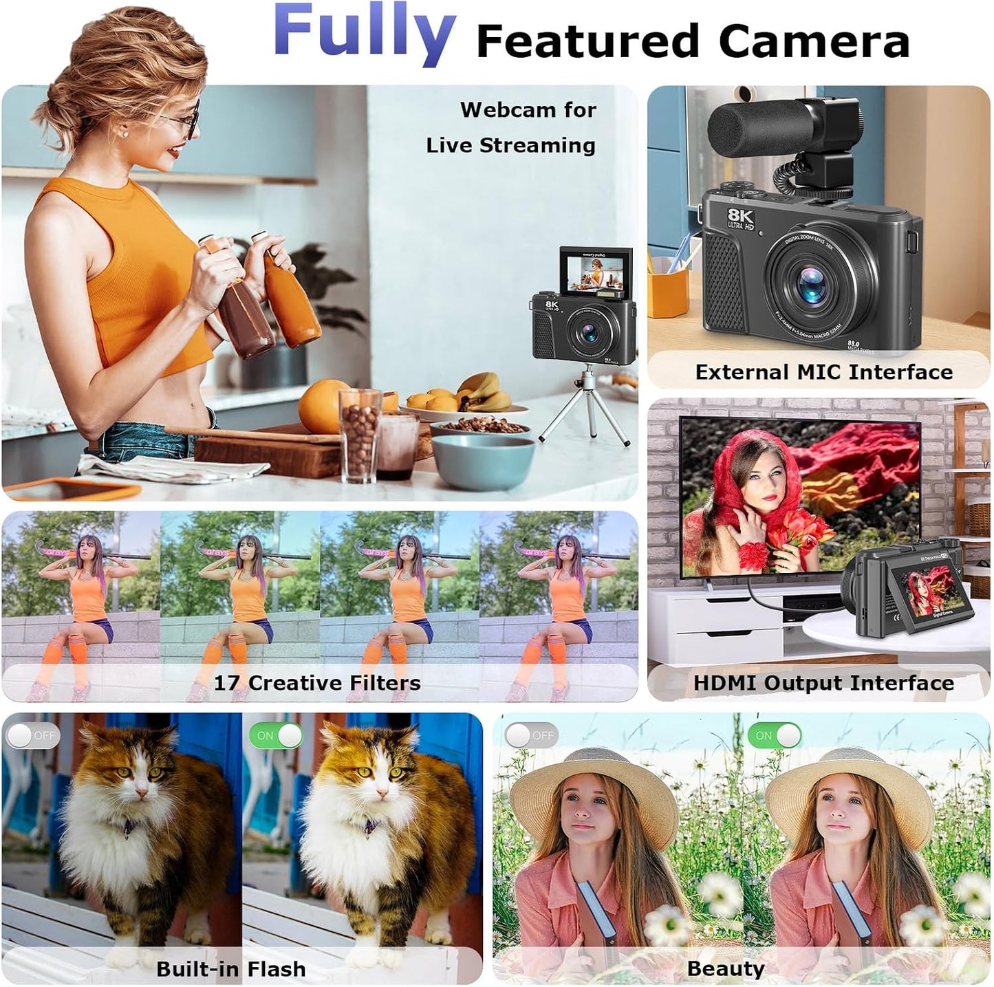 Cámara digital 8K para fotografía, cámara de vlogging de enfoque au...
