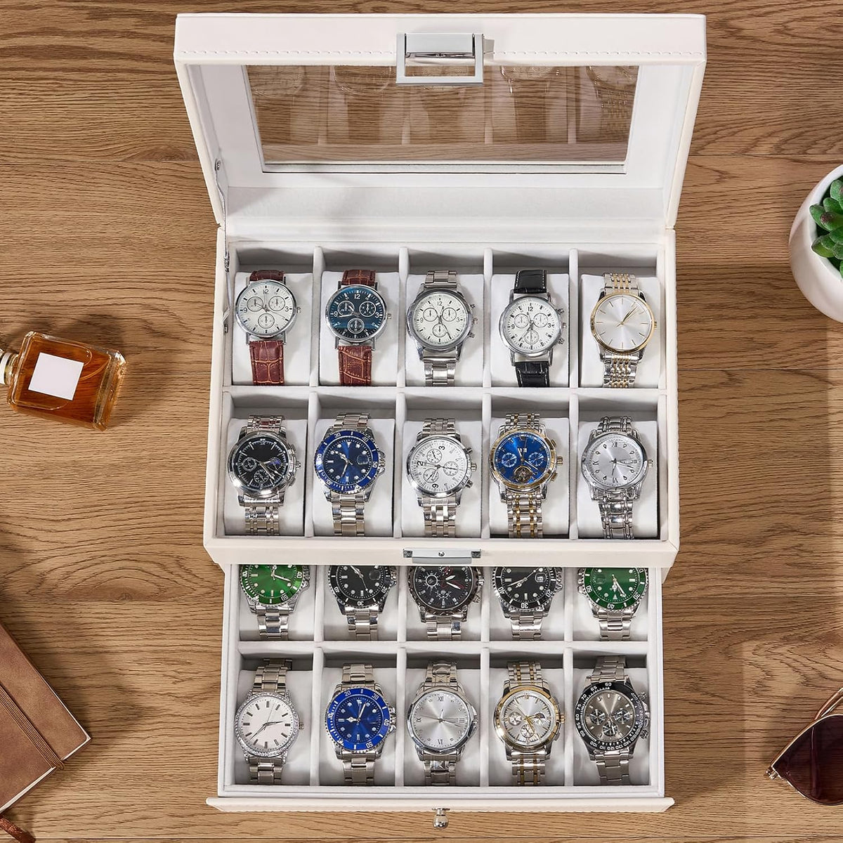 BEWISHOME Caja de reloj, caja de reloj de 20 ranuras para hombres c...