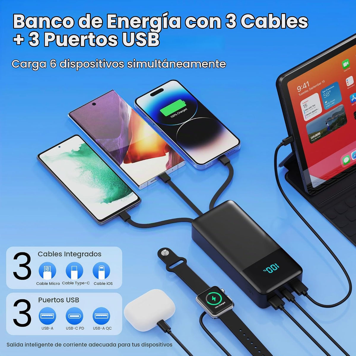 Cargador portátil de 60800 mAh con 3 cables incorporados, 25 W PD U...