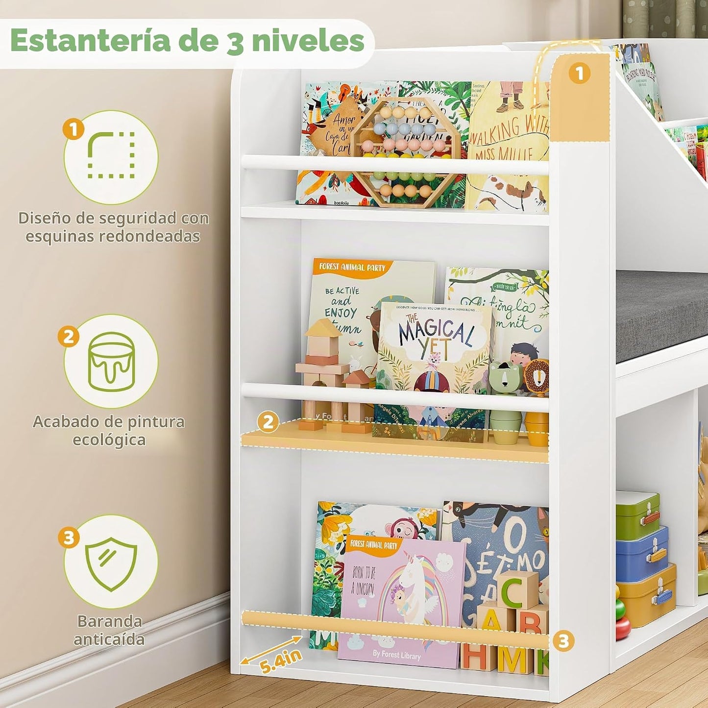 BOTLOG Rincón de lectura para niños de 49 pulgadas con estantería,...