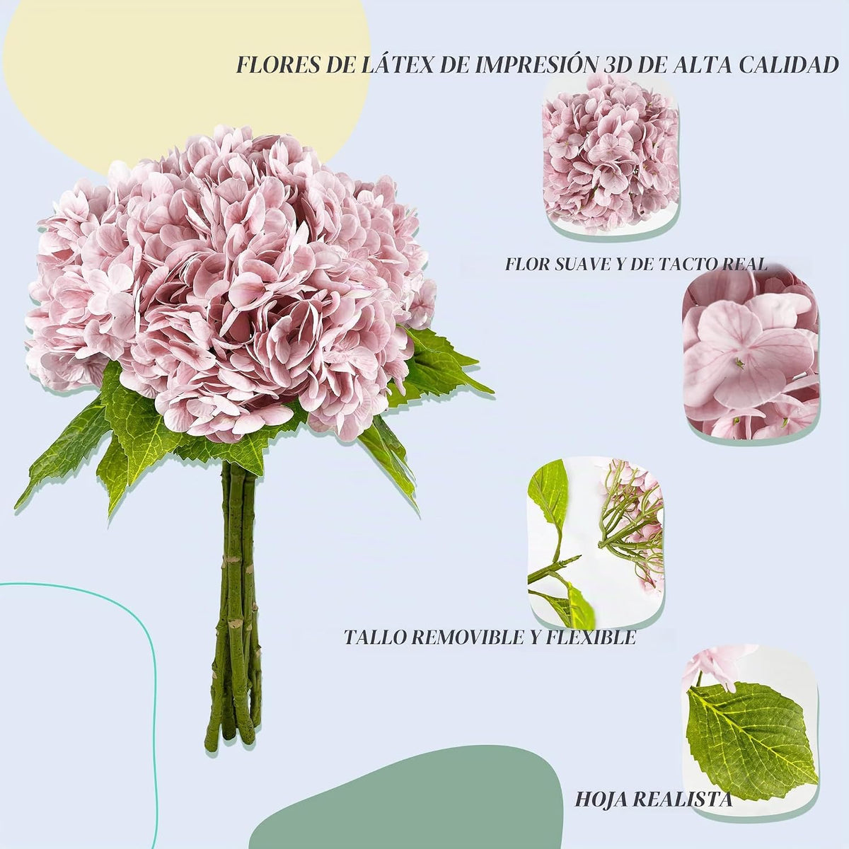 Yatim Hortensias artificiales rosas de 21 pulgadas con tallos 5 pie...