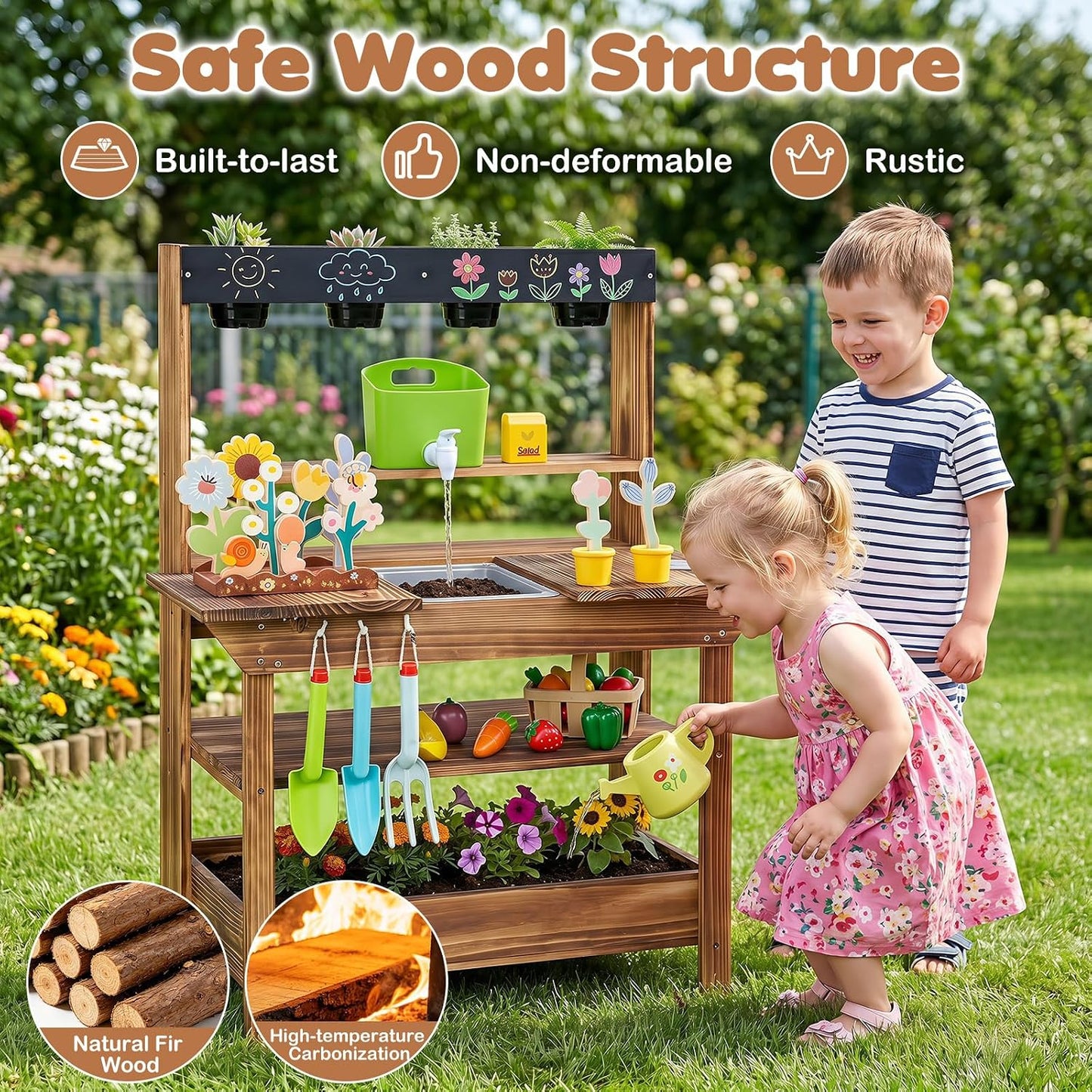 Costzon Cocina de barro al aire libre para niños, banco de madera p...