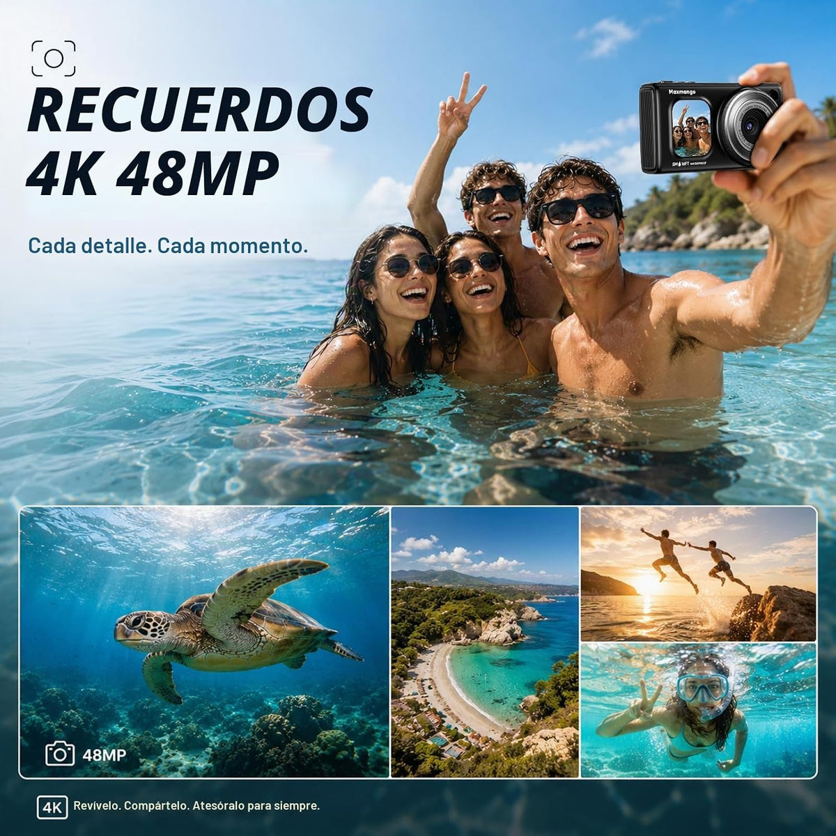 Cámara digital subacuática de 16 pies, 4K 48MP 1500mAh batería desp...