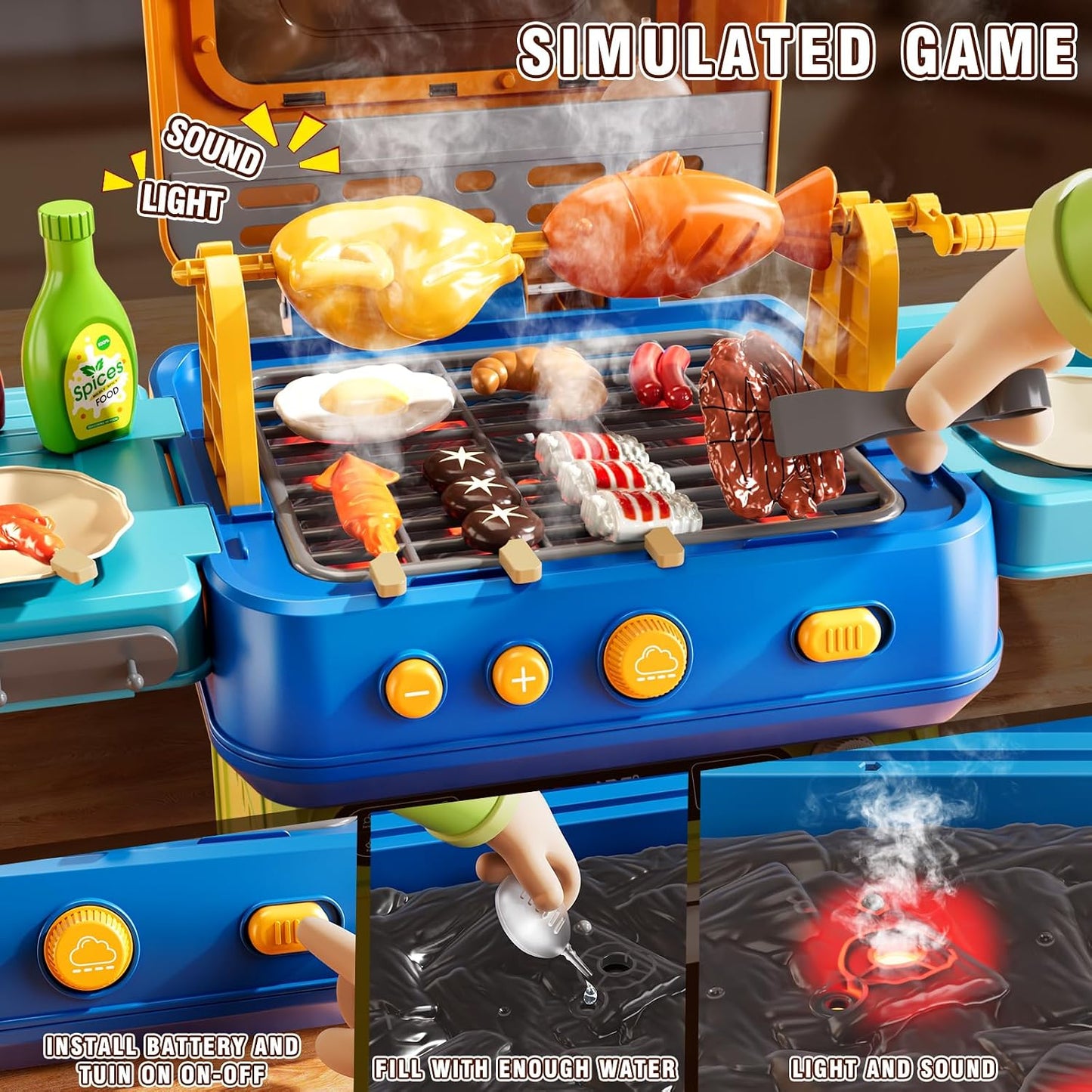 KIZONLY Juego de barbacoa para niños, juego de cocina de 2 capas co...
