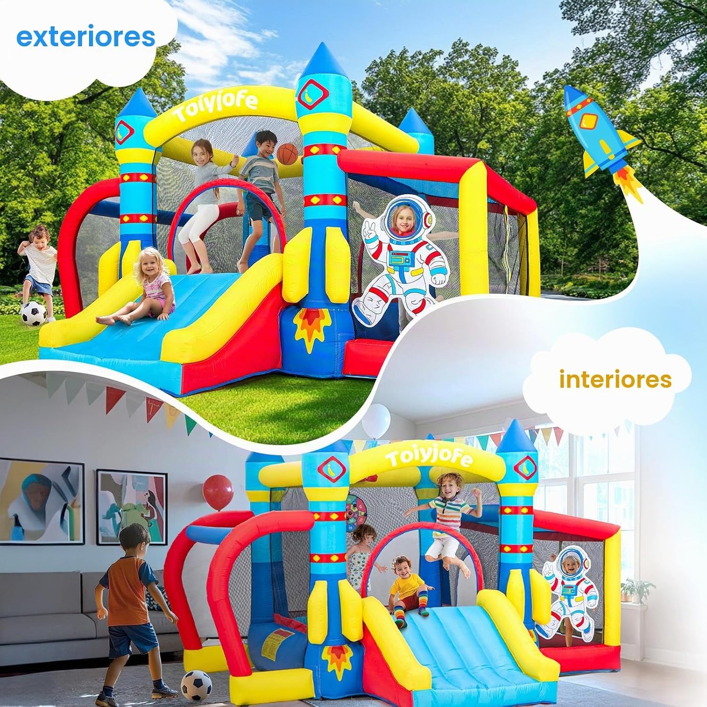 Casa inflable de rebote para niños con soplador, tema espacial de 1...