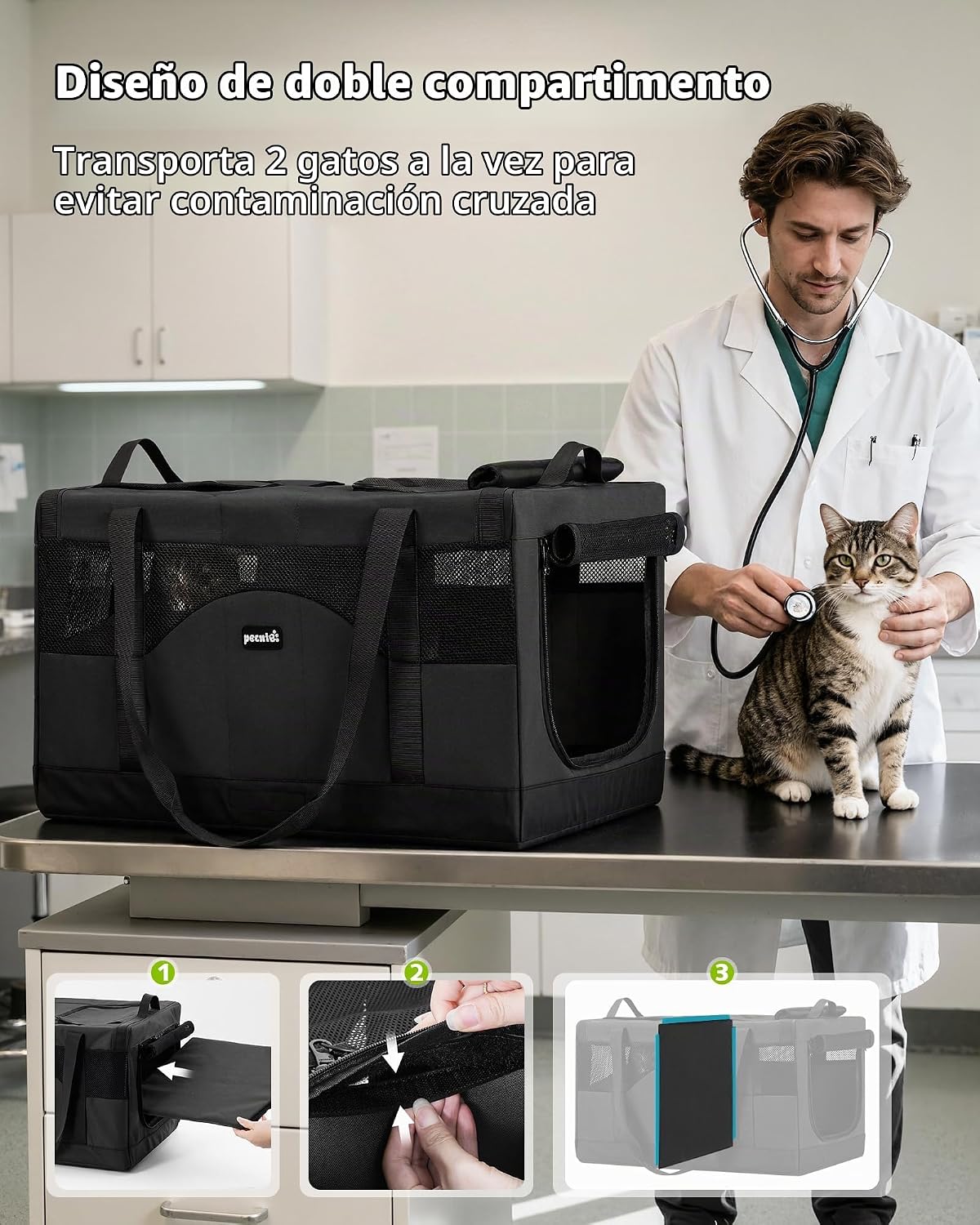 Pecute Transportador de mascotas con doble compartimento para famil...