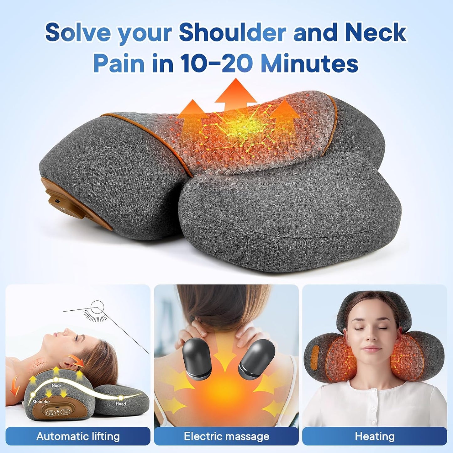 Almohada de masaje de cuello 3 en 1 con calor, masaje y estiramient...