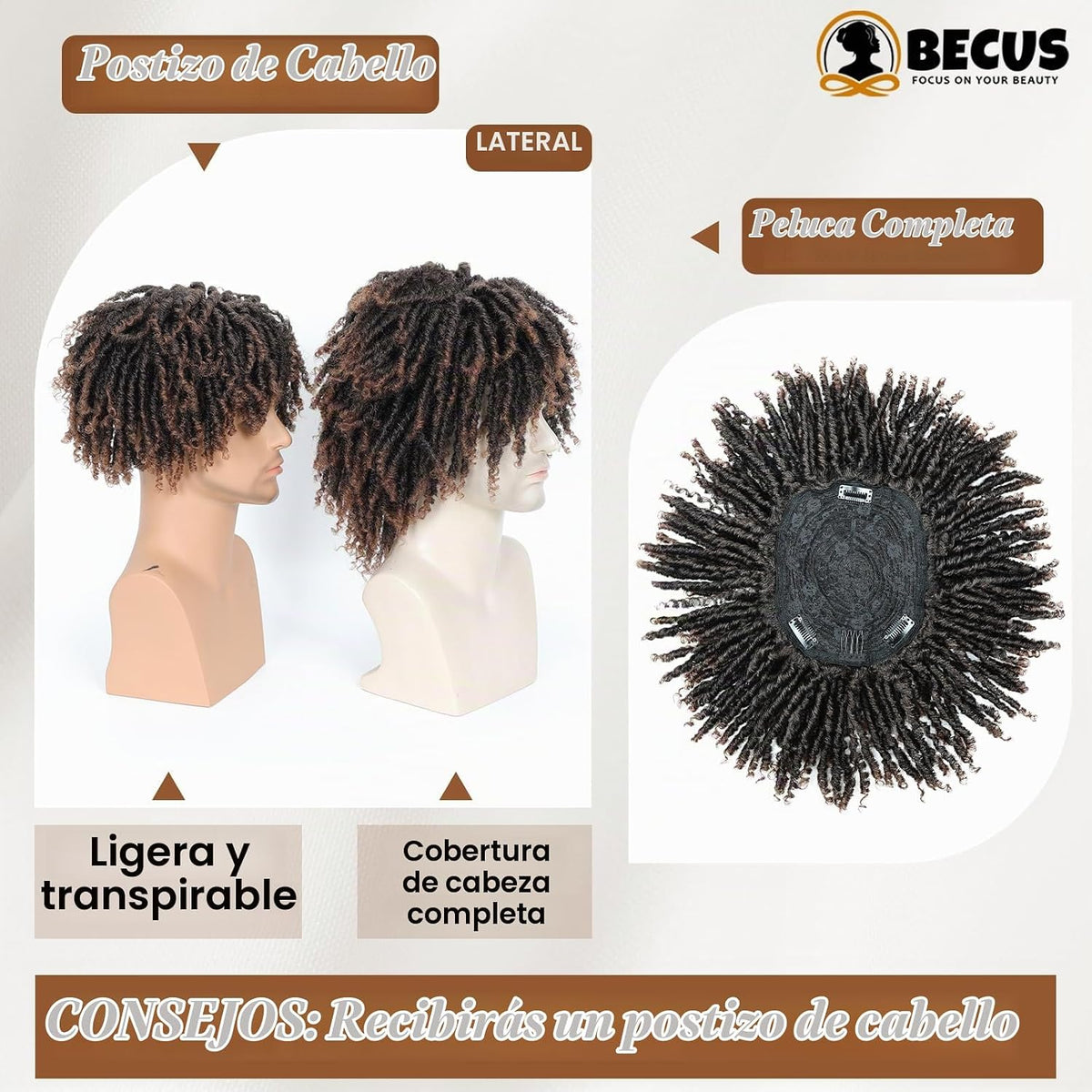 BECUS - Cubrepelo de rastas para hombre, postizo marrón para disfra...