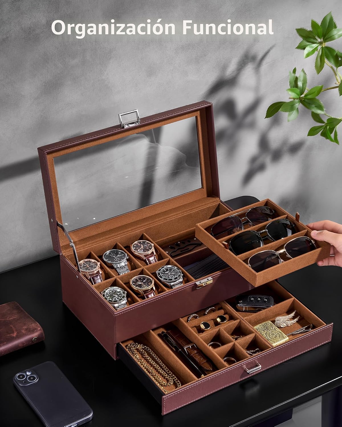 ProCase Caja de joyería para hombre, caja de reloj con cerradura de...